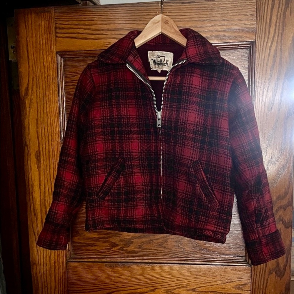 Woolrich Vintage Red and Black Plaid Wool Cabincore Mackinaw Bomber Jacket XS